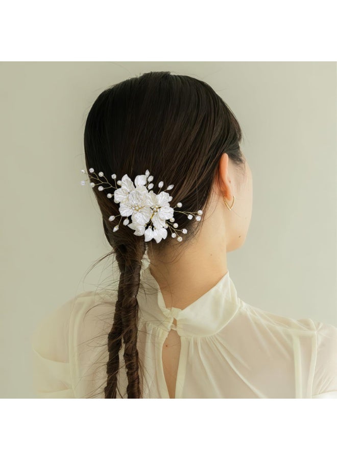 2Pcs Flower Wedding Hair Clips Bride Pearl Hair Barrettes White Floral Rhinestone Crystal Leaf Vine Headpiece Bridal Wedding Hair Accessories for Women Girls - Image 5